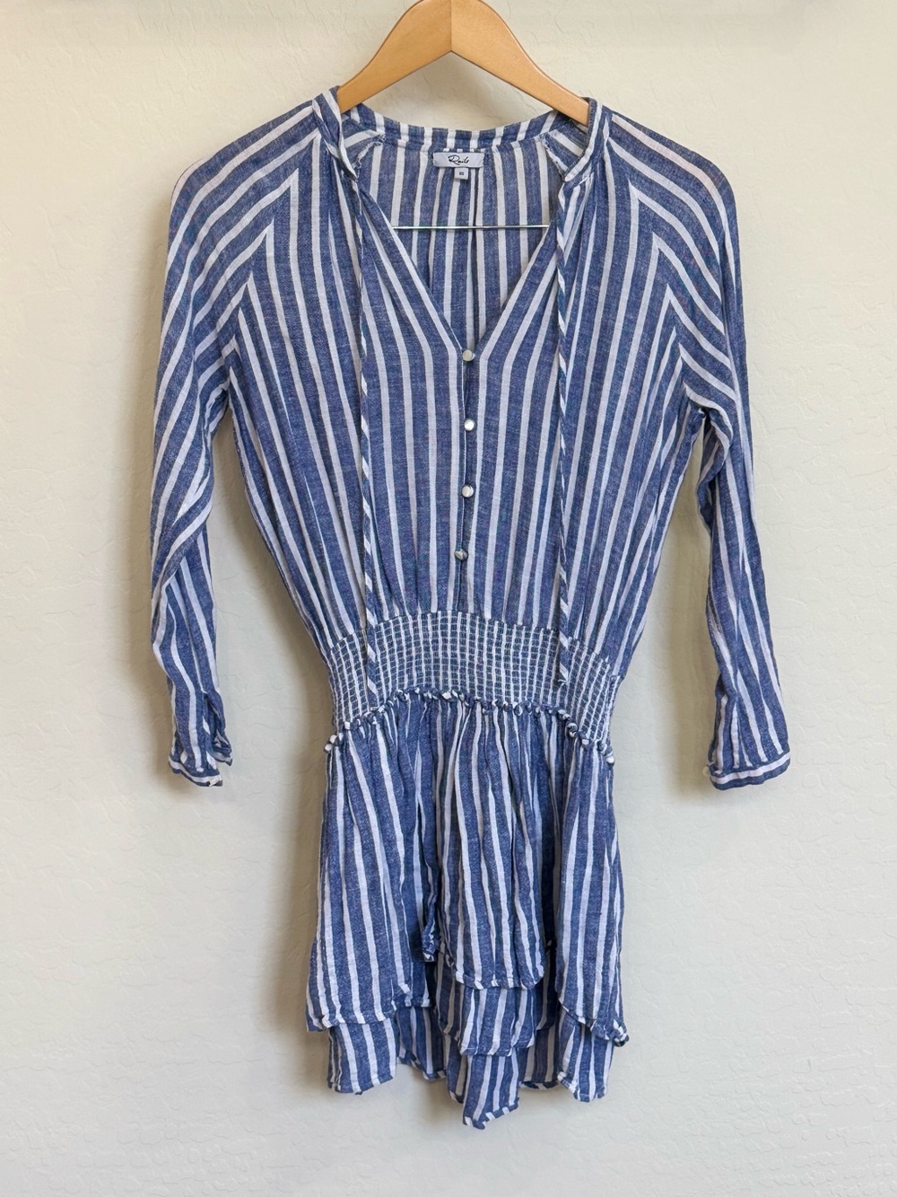 Rails Jasmine Striped Linen Blend Smocked Mini Dress Parisian Blue White XS